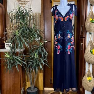Hope & Ivy Embroidered Midi Dress 26 Navy Floral Beaded Wedding Guest Plus Size